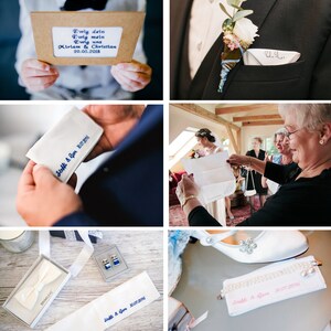 Wunschtext auf besticktem Taschentuch mit personalisiertem Text Einstecktuch mit Namen und Datum individuelle Gastgeschenke Hochzeit Bild 9