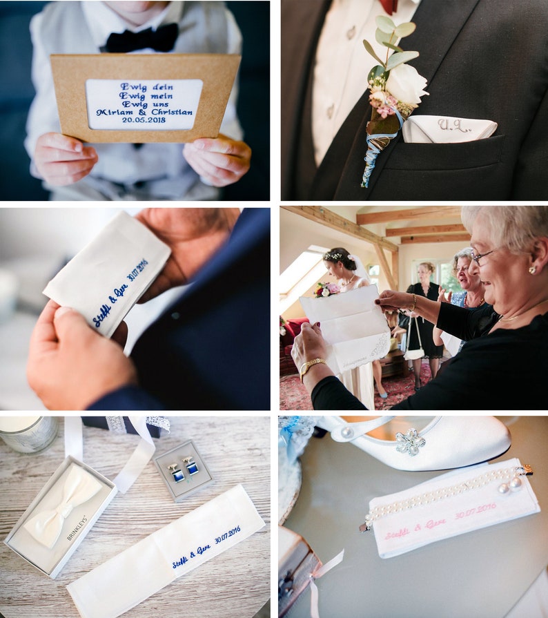 Wunschtext auf besticktem Taschentuch mit personalisiertem Text Einstecktuch mit Namen und Datum individuelle Gastgeschenke Hochzeit Bild 9