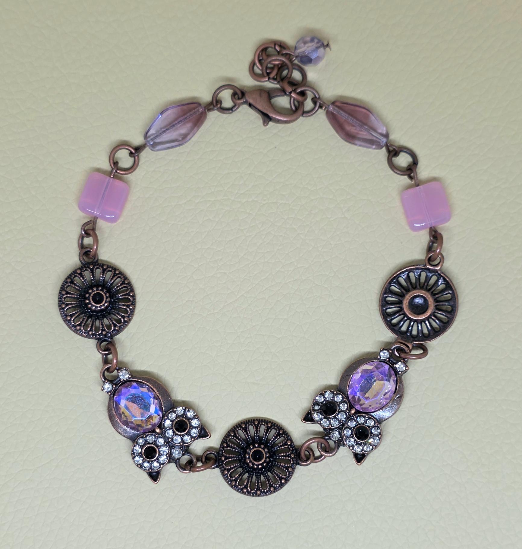Handmade Antique Copper Owl Charm Bracelet, Jeweled Crystal Statement Piece, Whimsical Jewelry,  Lig