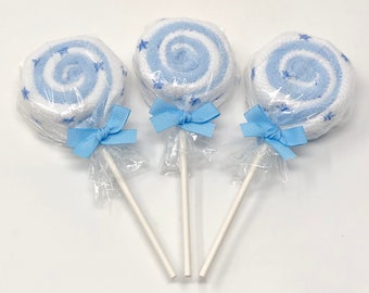 Blue Washcloth Lollipops, Set of 3 - Baby Boy Shower Gift - Baby Shower Prize - Baby Shower Favors