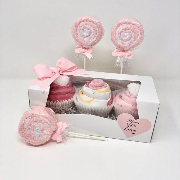 Sweet Treats Baby Girl Gift Set,  Unique Baby Girl Gift, Baby Girl Onesie Cupcakes ,Washcloth Lollipops, Coworker Baby Gift, New Mom Gift