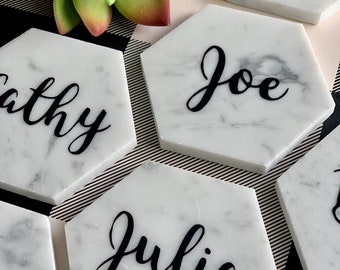 4" Personalized Name Marble Coaster Place Card Wedding Favor Hexagon Marble Place Card Magnet