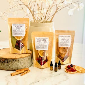 May include: Three stand-up pouches of simmer pot potpourri labeled Winter Hike, Sweater Weather, and Fall Harvest. Each pouch contains dried fruit, spices, and botanicals. Three small amber glass dropper bottles, cinnamon sticks, and dried orange slices are arranged nearby.