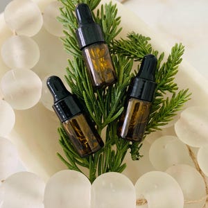 May include: Three small amber glass dropper bottles with black caps are arranged on a green coniferous sprig. The bottles are surrounded by a string of translucent, frosted white glass beads resting in a shallow, off-white oval tray.
