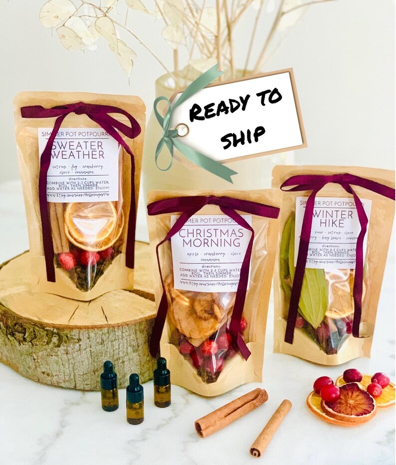 May include: Three kraft paper pouches of simmer pot potpourri labeled Sweater Weather, Christmas Morning, and Winter Hike, each tied with a dark purple ribbon. Includes three small amber glass dropper bottles and two cinnamon sticks.