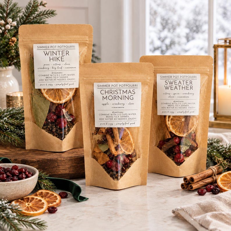 May include: Three brown kraft paper pouches of simmer pot potpourri labeled Winter Hike, Christmas Morning, and Sweater Weather. Each pouch features a clear window displaying dried orange slices, cranberries, and spices with printed instructions.