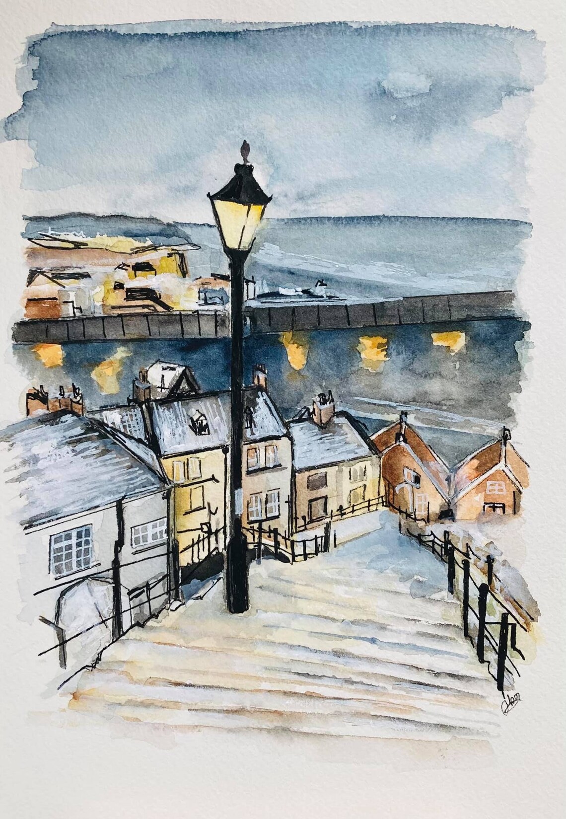 Whitby Abbey 199 steps Winter Snow Yorkshire Watercolour print Etsy