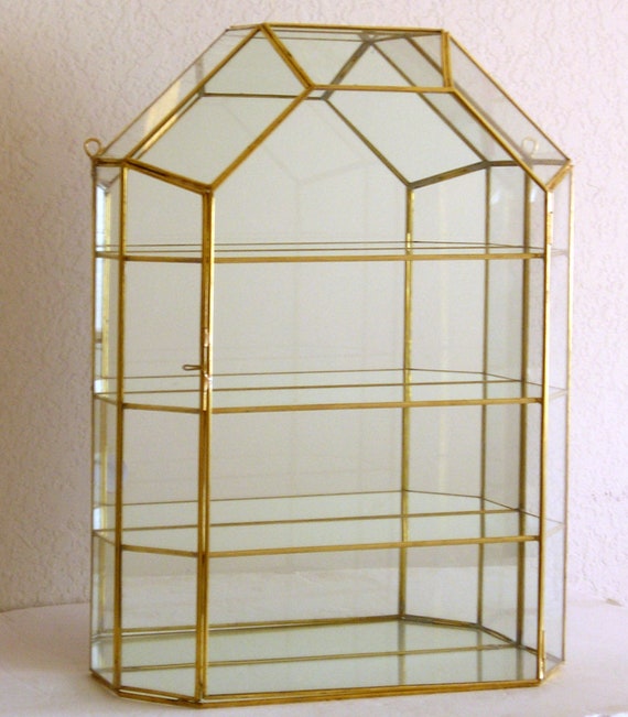 18 Tall Brass Glass 3 Shelves Curio Display Cabinet Etsy