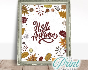Hello Autumn Sign, Hello Fall Printable, Fall Decor, Autumn Sign, October Foliage Print, Autumn Wall Art, Fall Printable, Fall Farmhouse Art
