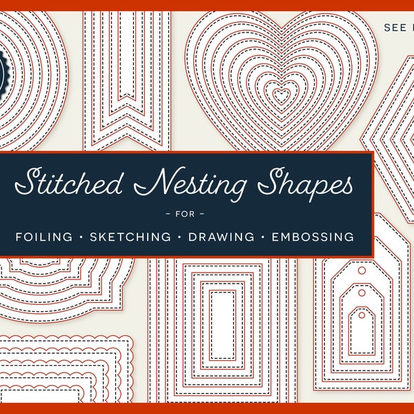 Stitched Nesting Shapes SVG | card making paper crafts | single line foil sketch draw laser score bundle digital nested dies round heart tag