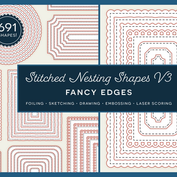 Stitched Nesting Shapes V3 Fancy Edges | card making paper crafts | single line foil sketch draw bundle | digital nested dies scallop deckle