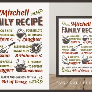 Unser Familienrezept SVG | Personalisiertes Familienschild SVG | Rezept für ein Happy Family Design - Cricut Silhouette Brother Laser cut Datei