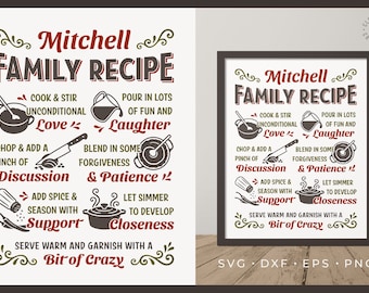 Nuestra receta familiar SVG / Letrero de cocina familiar personalizado SVG / Receta para un diseño familiar feliz - Cricut Silhouette Brother Archivo de corte láser