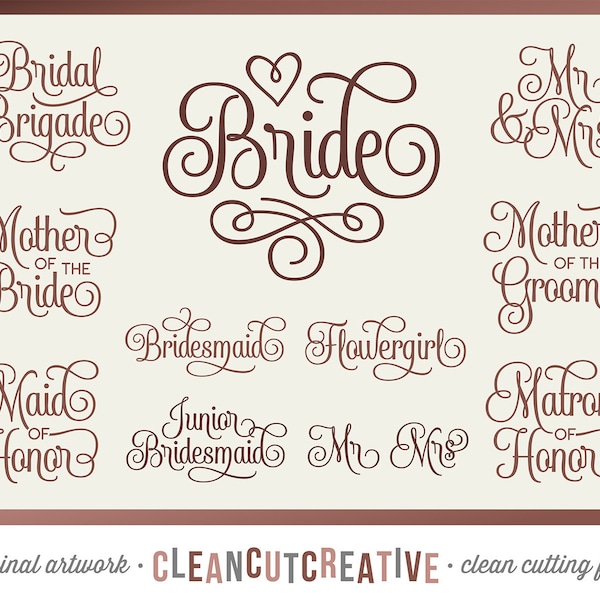 SVG Bridal Party svg mariage svg Mariée svg Bridesmaid svg Maid of Honor Mère Groom M. Mme Flowergirl Junior svg DXF PNG Cricut Silhouette