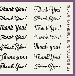 Puede incluir: Un conjunto de diez archivos de corte digital que presentan la frase "¡Gracias!" en varios estilos de letras cursivas y de imprenta. Los archivos están diseñados para usarse con máquinas de corte como Cricut y Silhouette.