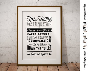 Bathroom Sign Septic System - Do Not Flush toilet sign - PDF JPG PNG jpeg - Printable Digital Artwork - retro/vintage sign- instant download