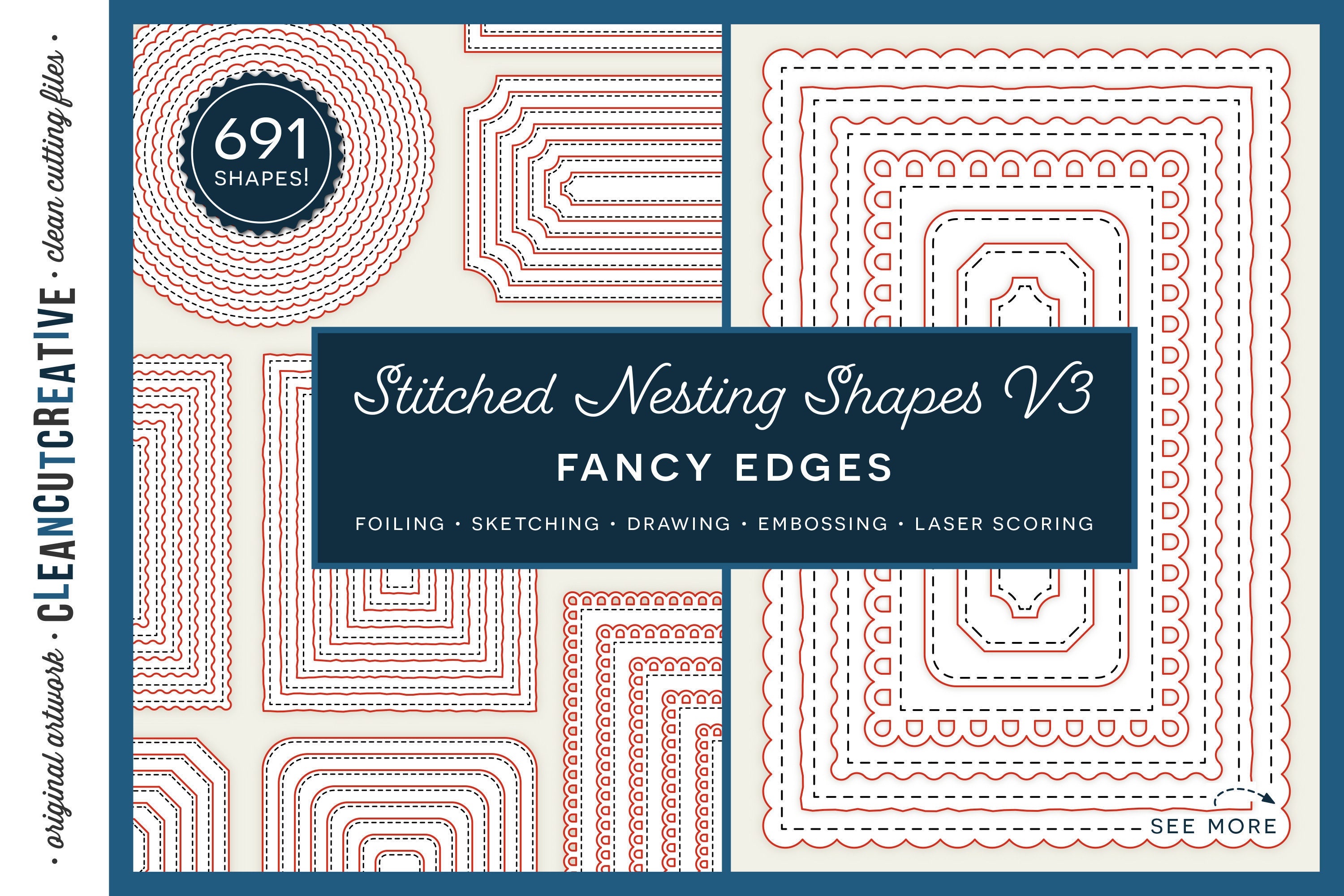 Stitched Nesting Shapes V3 Fancy Edges | card making paper crafts | single line foil sketch draw bundle | digital nested dies scallop deckle
