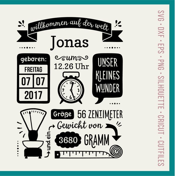 Plotterdateien Geburtsdaten Bild Deutsch Gewerblich SVG Annonce de naissance svg Baby Stats svg German Geburt Baby - Cricut Silhouette dxf png