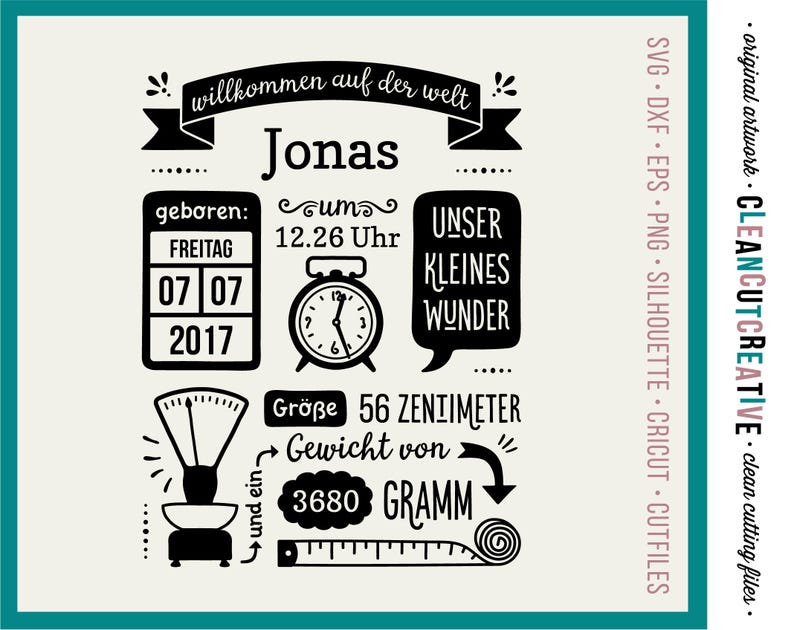 Download Kids Crafts Cricut Silhouette Dxf Png Plotterdateien Geburtsdaten Bild Deutsch Gewerblich Svg Birth Announcement Svg Baby Stats Svg German Geburt Baby Paper Party Kids