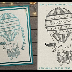Folie Quill HOT AIR BALLOON Geburt Statistiken Baby Ankündigung Svg Design für Cricut Silhouette Scan n Schnitt Gravur infusible Tinte kommerzielle Nutzung