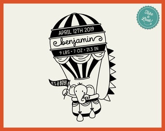svg Birth Stats Template HOT AIR BALLOON Baby Birth Announcement - Cricut Silhouette cute newborn statistic fact date time weight elephant