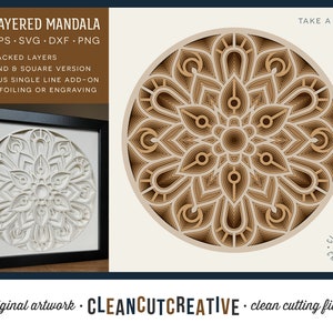 May include: A 3D layered mandala design with 7 stacked layers. The mandala is brown and white and has a round and square version. The design is for foiling or engraving. The image includes the text "3D LAYERED MANDALA", "AI EPS SVG DXF PNG", "7 STACKED LAYERS", "ROUND & SQUARE VERSION", "BONUS SINGLE LINE ADD-ON", "FOR FOILING OR ENGRAVING", "TAKE A LOOK", "CLEANCUTCREATIVE", "original artwork", "clean cutting files."