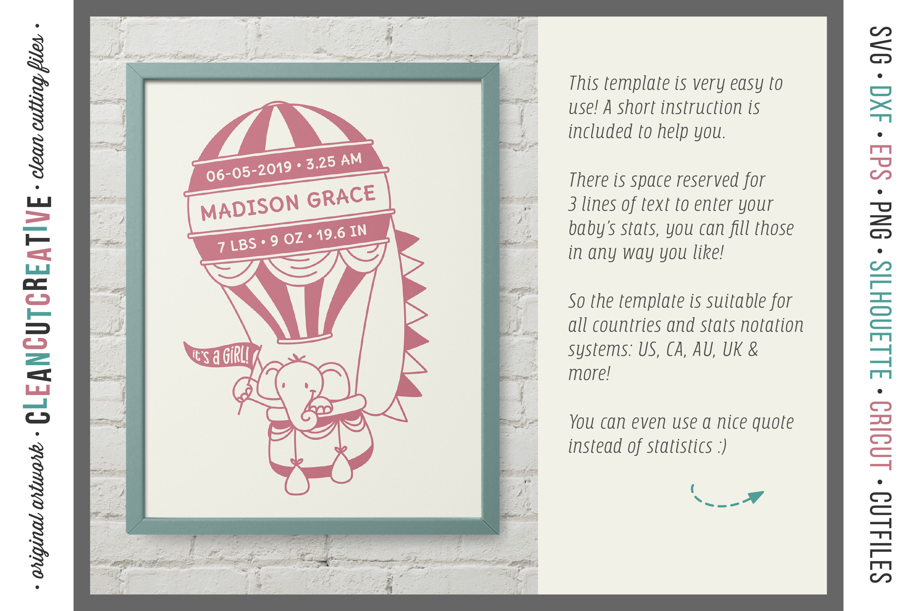 Svg Birth Stats Template HOT AIR BALLOON Baby Birth Announcement ...