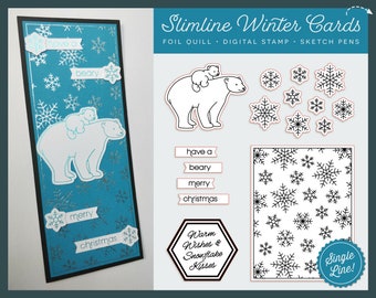 SVG Foil Quill Winter Slimline Card svg Polar Bear Snowflake Christmas sketch file for Cricut Silhouette Scan n Cut | single line draw fcm