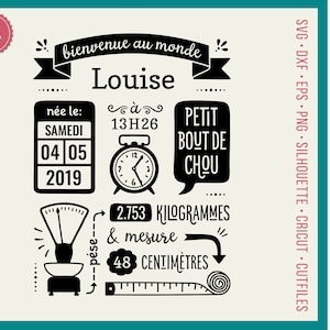 Faire Part Naissance SVG Birth Stats Template FR version svg French Birth Announcement svg Baby Stats svg - Cricut Silhouette laser dxf png