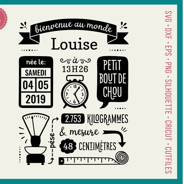 Faire Part Naissance SVG Birth Stats Template FR version svg French Birth Announcement svg Baby Stats svg - Cricut Silhouette laser dxf png