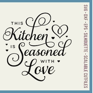May include: Black and white text graphic that reads "This Kitchen is Seasoned with Love". The text is in a cursive font and is surrounded by small hearts.