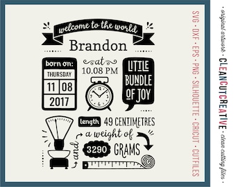 Métrique naissance annonce pochoir SVG naissance Stats modèle svg bébé Stats svg - Cricut Silhouette mignon nouveau-né fait centimètre grammes dxf png