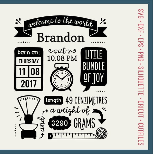 Metric Birth Announcement Stencil SVG Birth Stats Template svg Baby Stats svg - Cricut Silhouette cute newborn fact centimetre grams dxf png