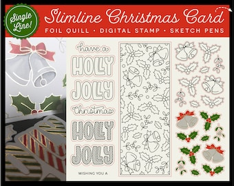 SVG Foil Quill Christmas Slimline Card svg Holly Jolly Christmas sketch file with bells for Cricut Silhouette Scan n Cut | single line draw