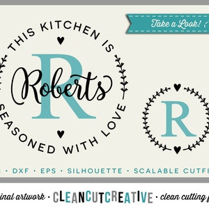 Puede incluir: Un diseño en blanco y negro con el texto "This Kitchen is Roberts Seasoned with Love" en un círculo con una "R" azul en el centro. Un círculo más pequeño con una "R" azul en el centro y una corona de hojas negras alrededor.