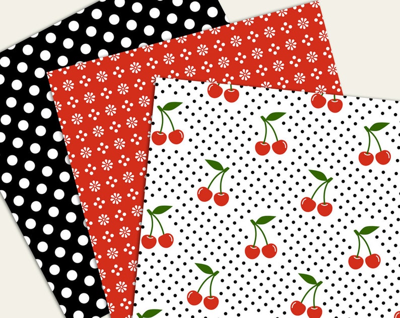 Retro Pattern Backing Paper Fifties Retro Patterns Digital Paper Pack - JPG - Printable Red Black ...