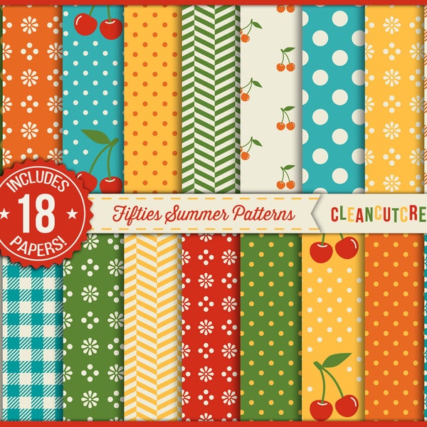 Fifties Summer Patterns Digital Paper Pack - JPG - Printable Blue Orange Yellow Green - Scrapbooking - retro/vintage - instant download