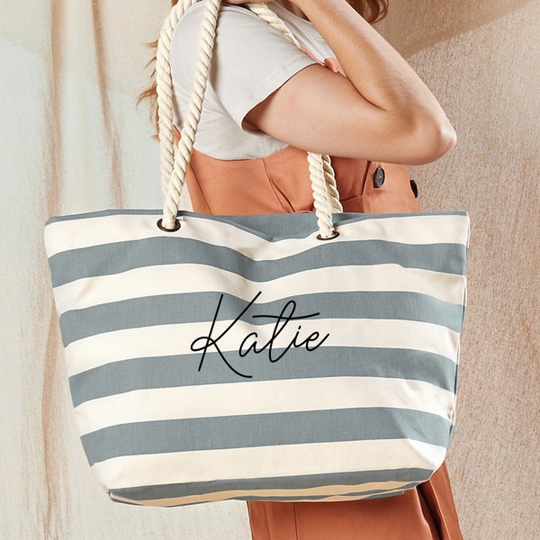 Personalised Beach Bag, Striped Canvas Holiday Bag