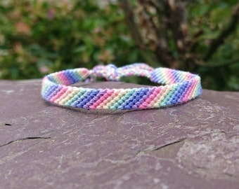 Pastel Rainbow Ombre Mini Stacking Cotton Friendship Bracelet/Anklet, Adjustable Tie-on Woven Macrame Braided String Boho Rainbow Jewellery