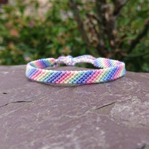 Pastel Rainbow Ombre Mini Stacking Cotton Friendship Bracelet/Anklet, Adjustable Tie-on Woven Macrame Braided String Boho Rainbow Jewellery