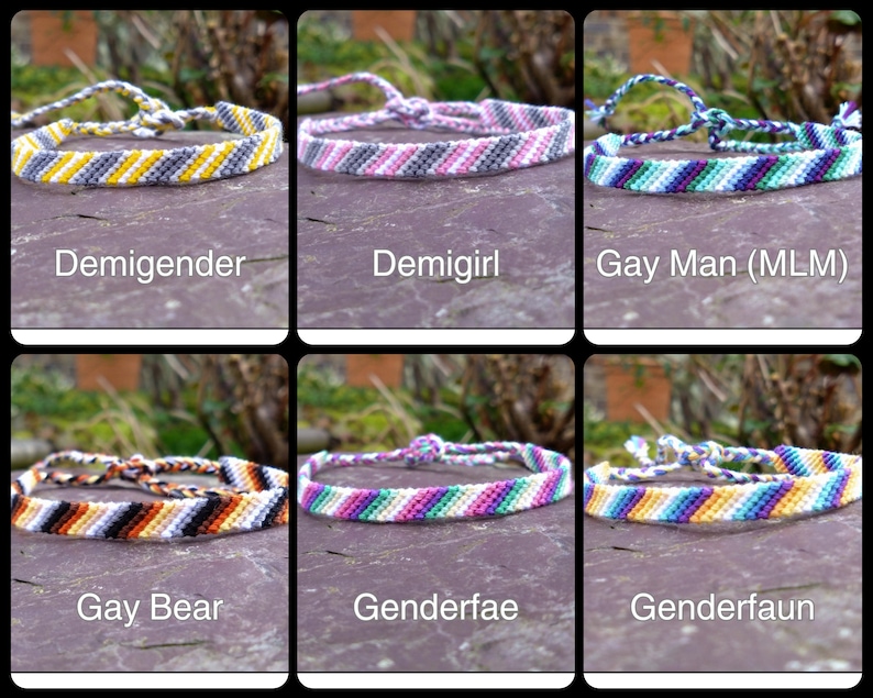 Puede incluir: Seis pulseras de la amistad con diferentes patrones de colores, cada uno representando una identidad diferente. Las pulseras est&aacute;n hechas con hilo de bordar de colores y est&aacute;n atadas en un nudo al final. Las pulseras se muestran sobre un fondo de pizarra.