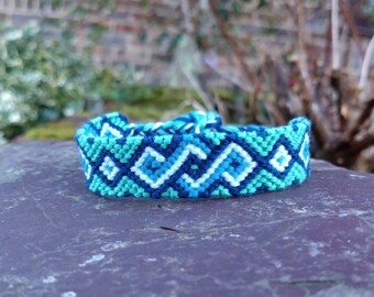 Blue and Green Tribal 5.5-9 inch/13-23cm Cotton Friendship Bracelet, Tie-on Boho Braided Woven Macrame String Surfer Bracelet