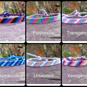 Puede incluir: Seis pulseras de la amistad con diferentes patrones de colores y etiquetas: Poliamoroso, Poisexual, Transg&eacute;nero, Transmasculino, Sin etiqueta, Xenog&eacute;nero.
