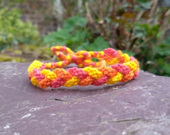 Bright Pink, Orange and Yellow Plaited Cotton Friendship Bracelet 5.5-9 inch Adjustable Tie-On Woven Braided Macrame Boho Surfer Bracelet