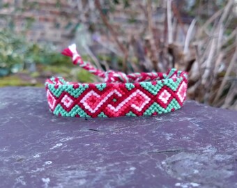 Coral, Peach and Green Tribal 5.5-9 inch/13-23cm Cotton Friendship Bracelet, Tie-on Boho Braided Woven Macrame String Surfer Bracelet