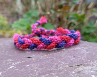 Magenta Pink, Red and Indigo Blue Plaited Cotton Friendship Bracelet 5.5-9 inch Adjustable Tie-On Woven Braided Macrame Boho Bracelet