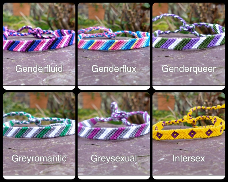Puede incluir: Seis pulseras de la amistad con diferentes patrones y dise&ntilde;os de colores. Las pulseras est&aacute;n hechas con hilo de bordar de colores y representan diferentes identidades. Las pulseras est&aacute;n dispuestas sobre una superficie gris.