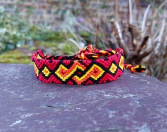 Red, Orange, Yellow, Black Tribal 5.5-9 inch/13-23cm Cotton Friendship Bracelet, Tie-on Boho Braided Woven Macrame String Surfer Bracelet