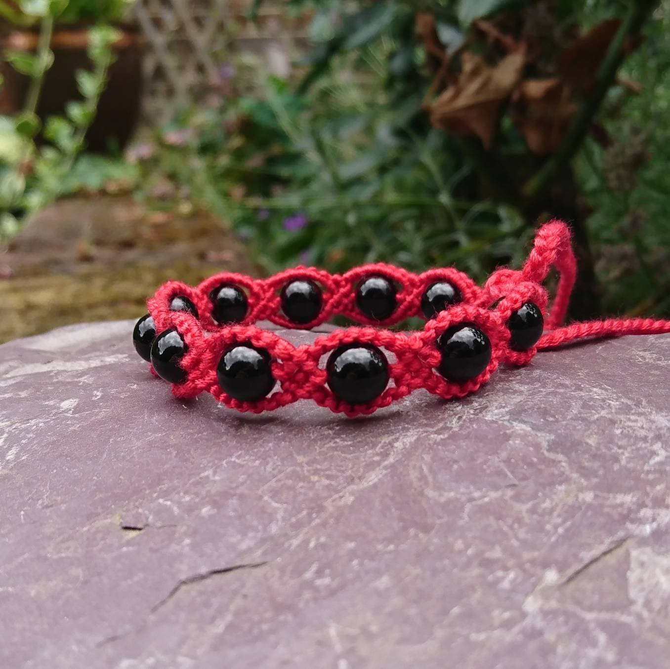 Black Onyx Bracelet on Red Boho Cotton Bracelet Black Onyx | Etsy