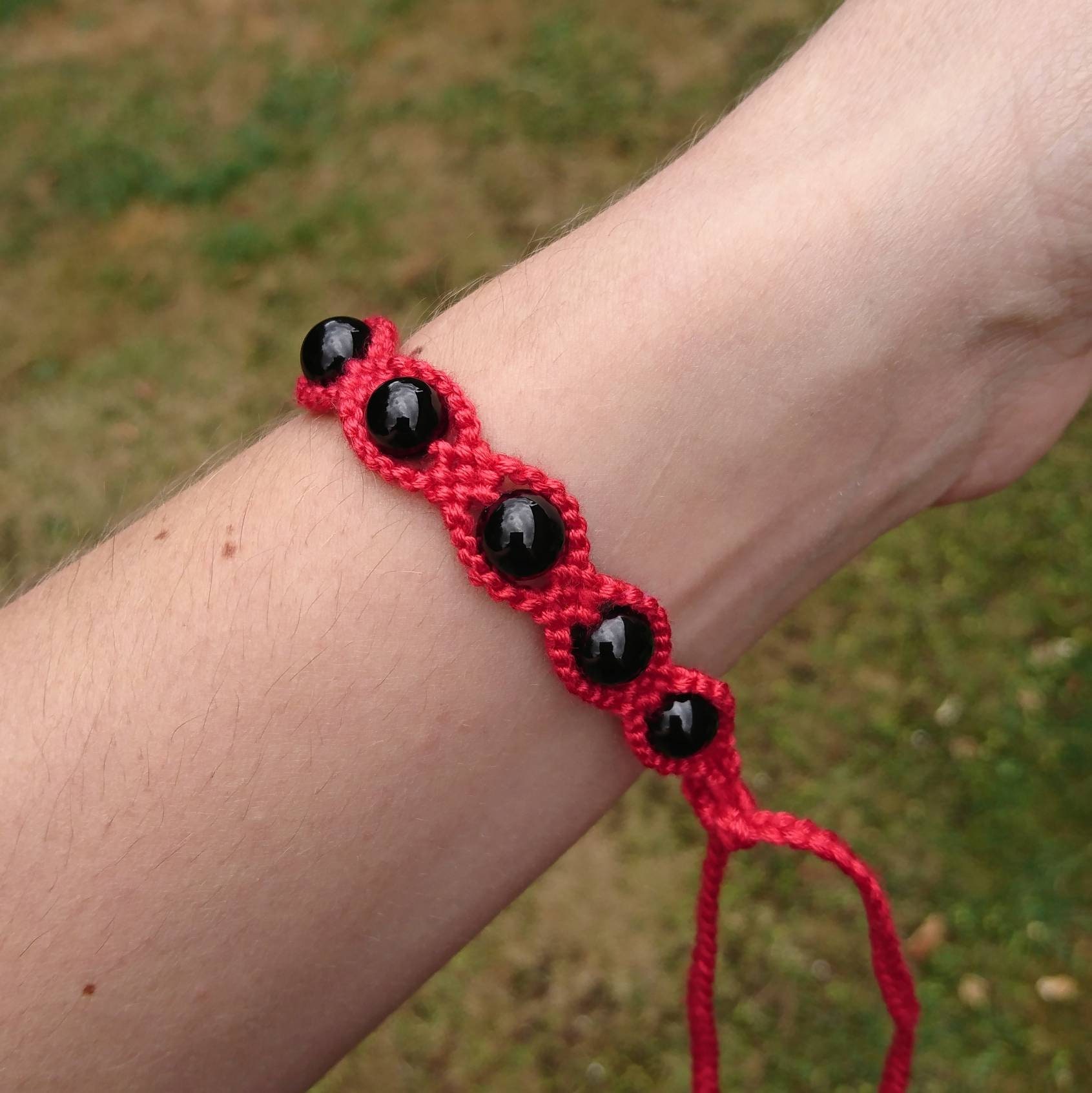 Black Onyx Bracelet on Red Boho Cotton Bracelet Black Onyx Etsy